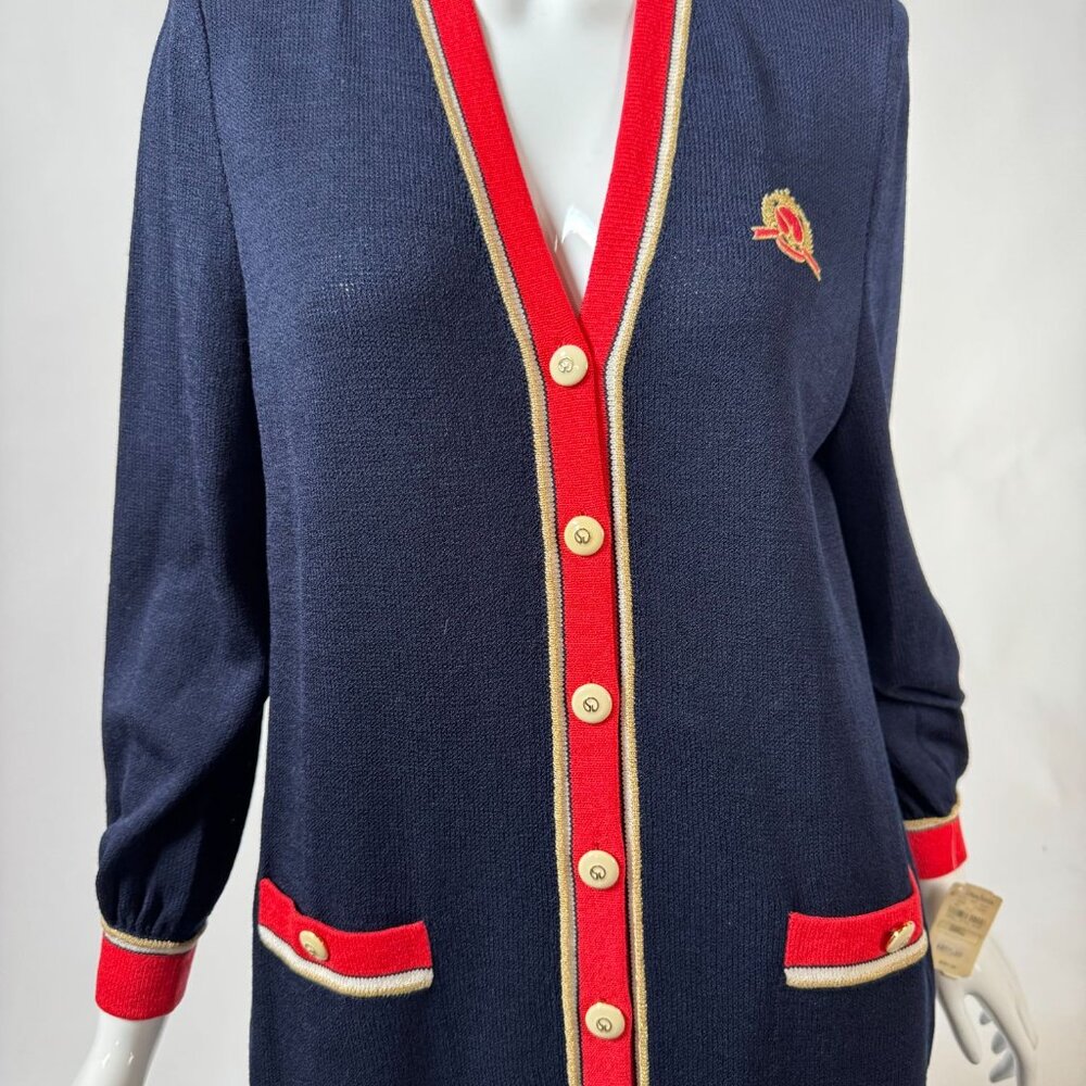 St. John Collection By Marie Gray Navy Cardigan With Red & Gold Trim S